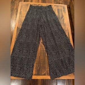 Smocked-Waist Black Wide-Leg Pants with White Dot Print